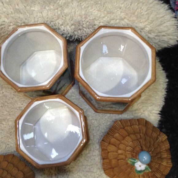 VINTAGE Discontinued Susan Winget 3 pc. Botanical Canister Set, Painted Buntings - Picture 3 of 7